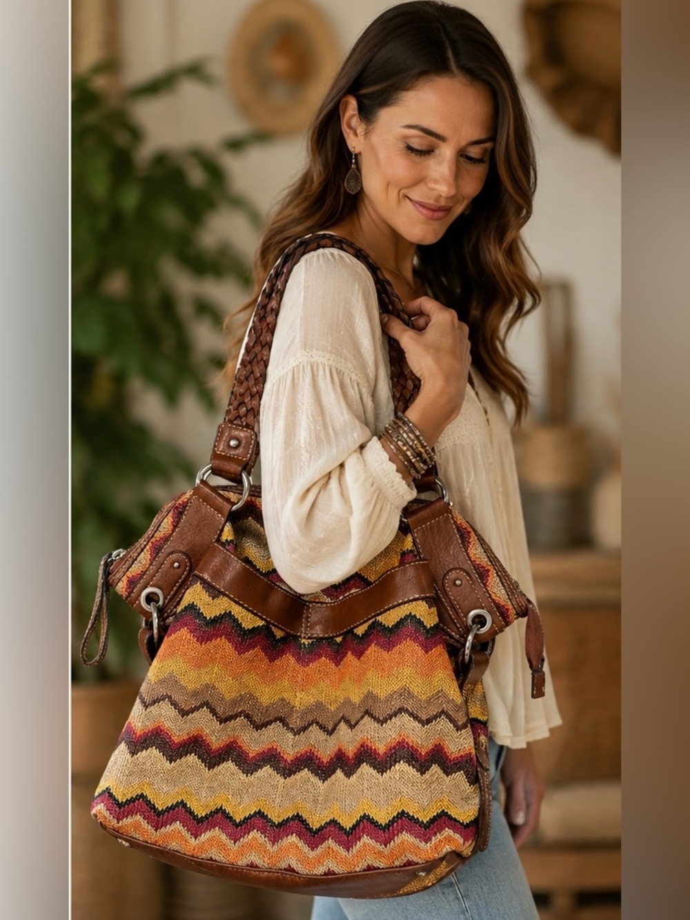 Boho Woven Tote Bag | Braided Leather Handles Large Southwestern Shoulder Tote